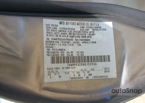 2004 Ford Taurus Se from USA, damaged, VIN 1FAHP53224G155533